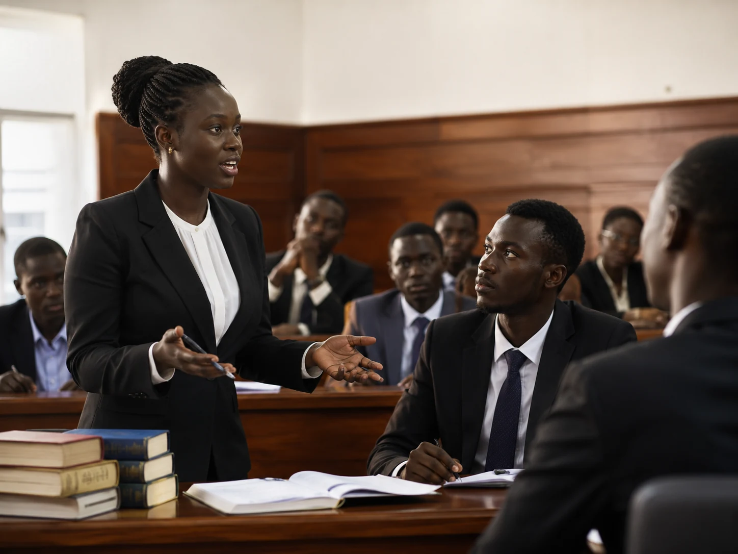 Law students in a moot court or legal discussion setting