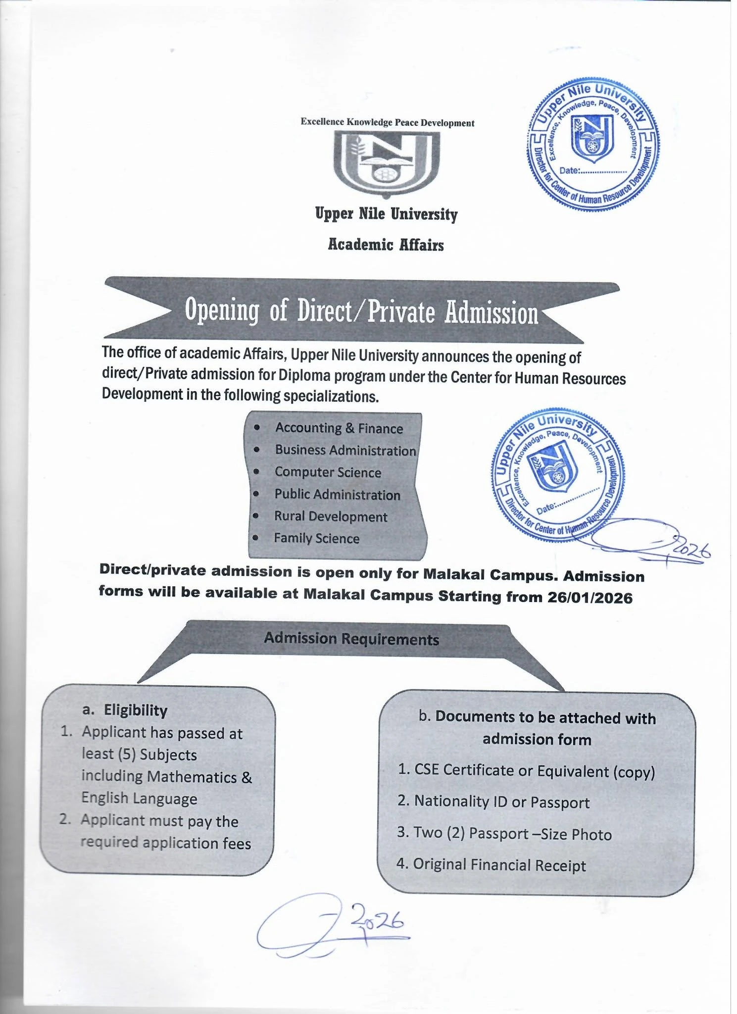 Diploma programme and requirement notice for Malakal Campus