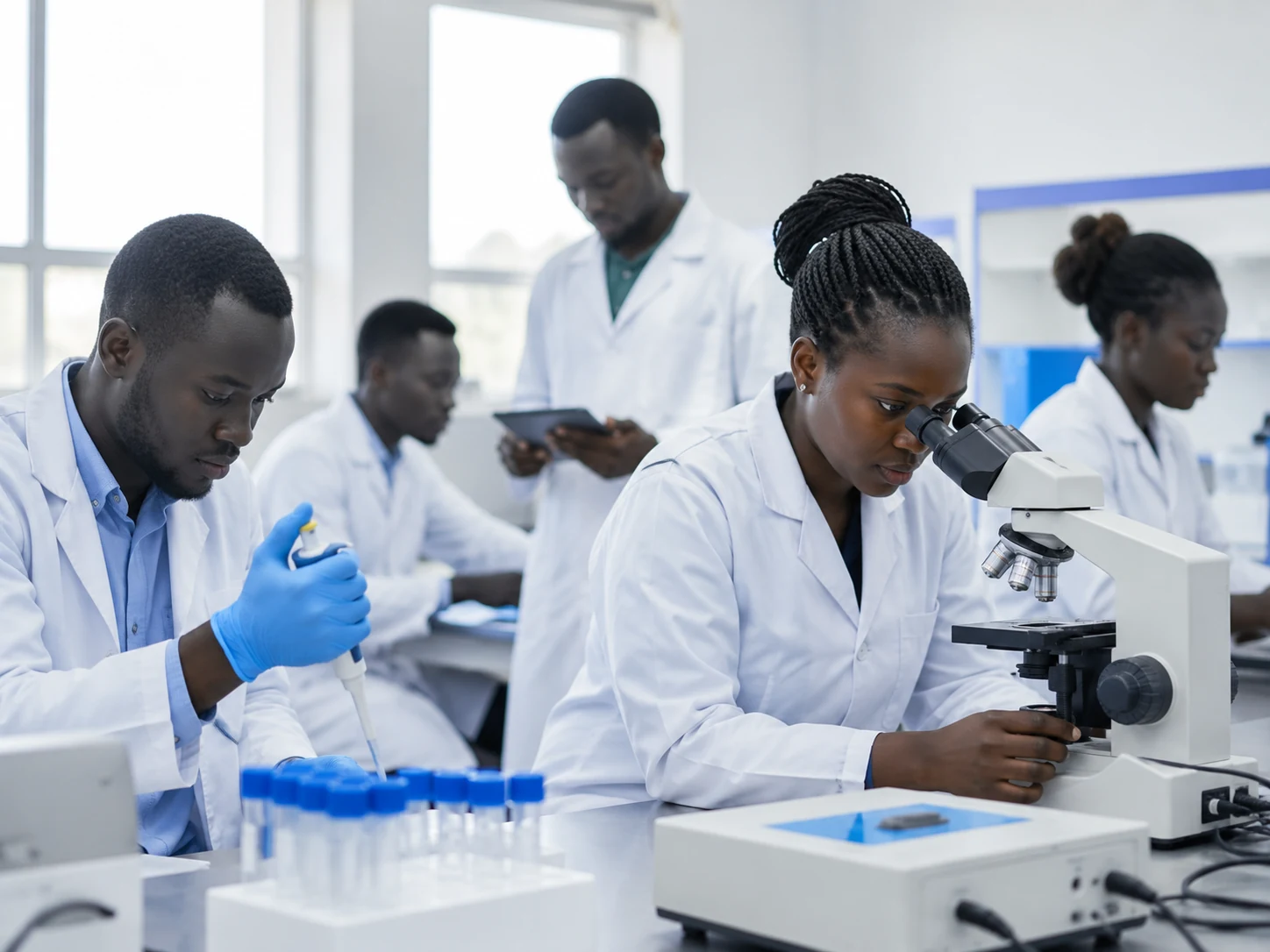Medical laboratory sciences students working with microscopes and diagnostic equipment