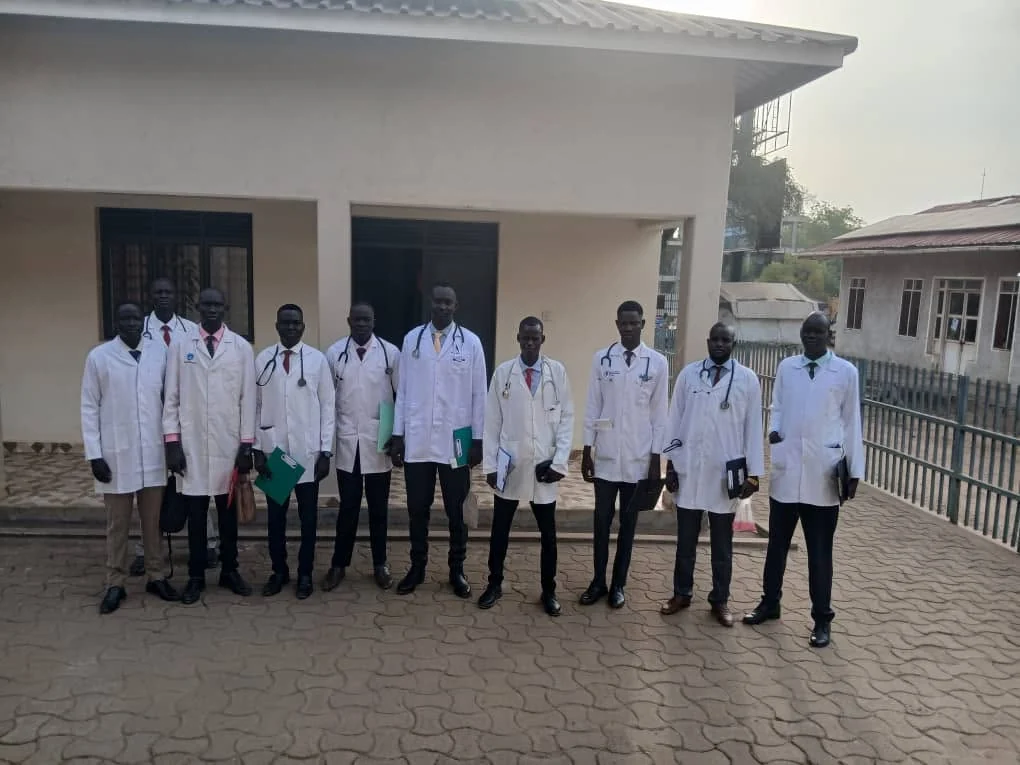 Medical students gathered outside a hospital examination venue