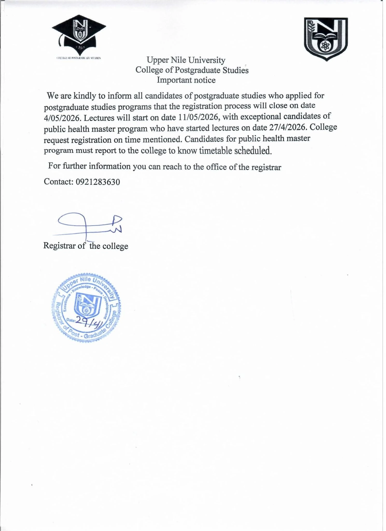 Notice to postgraduate students – Upper Nile University