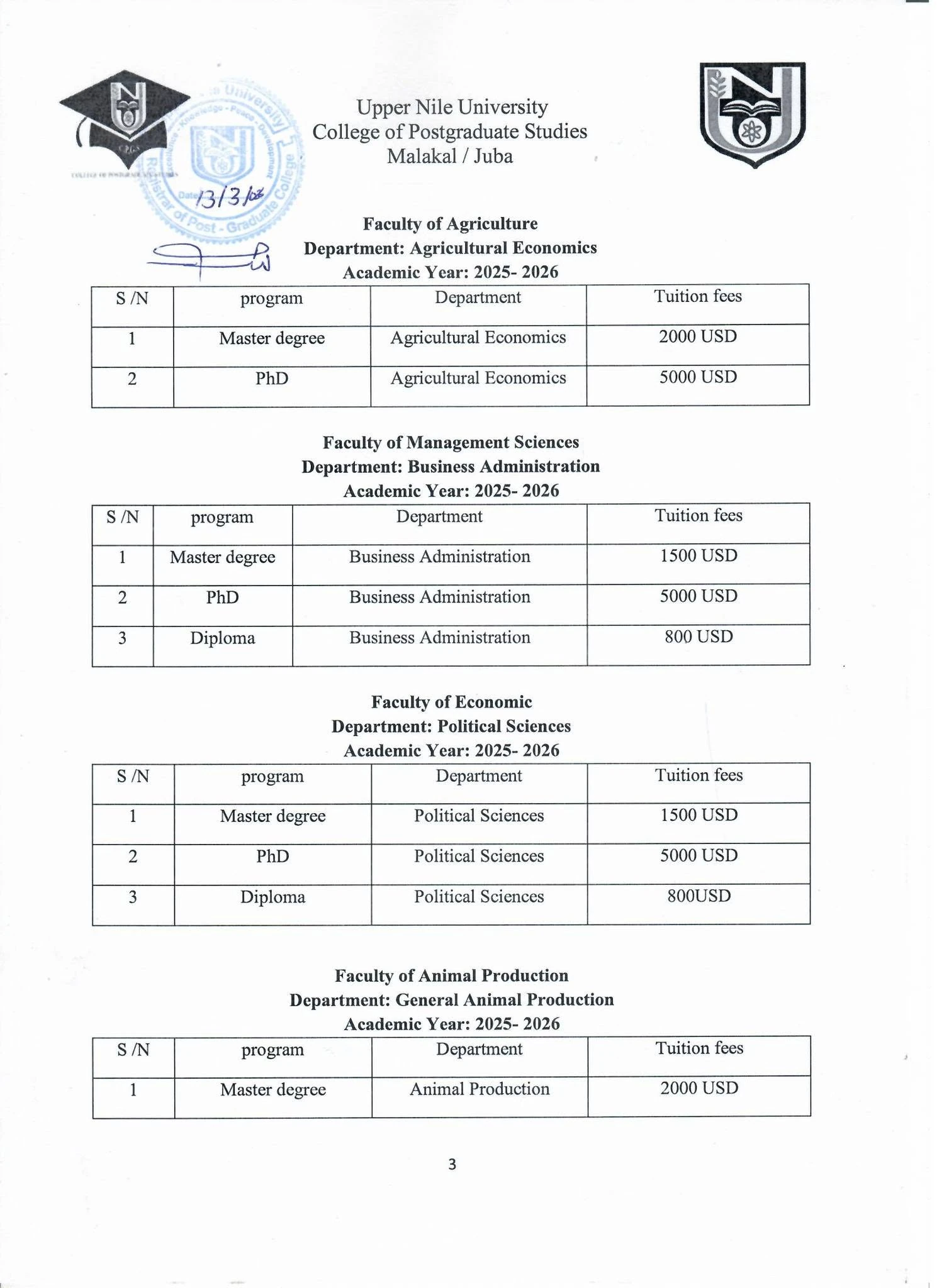 Published postgraduate fees for agricultural economics, business administration, political science and animal production