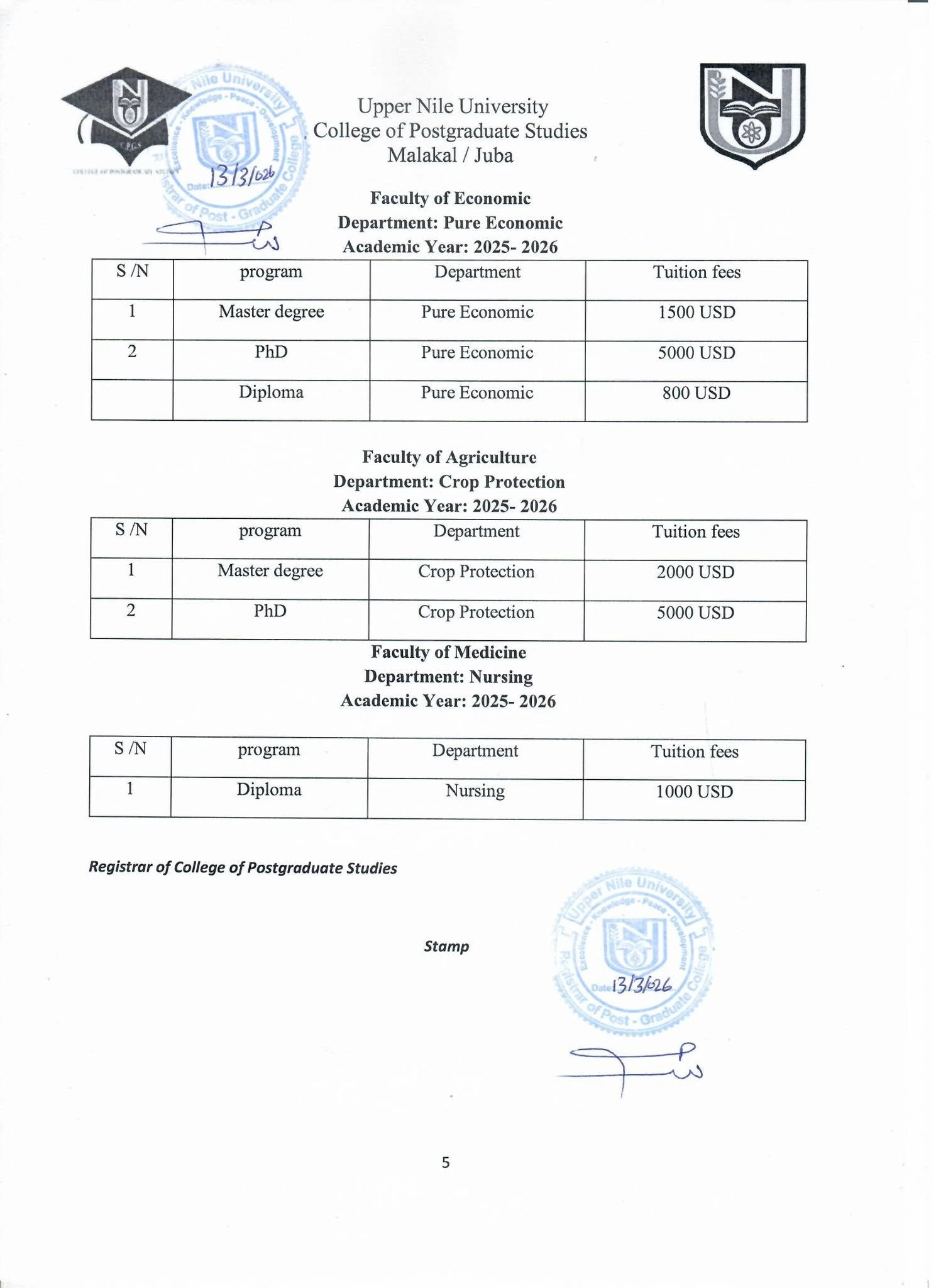 Published postgraduate fees for economics, crop protection and nursing