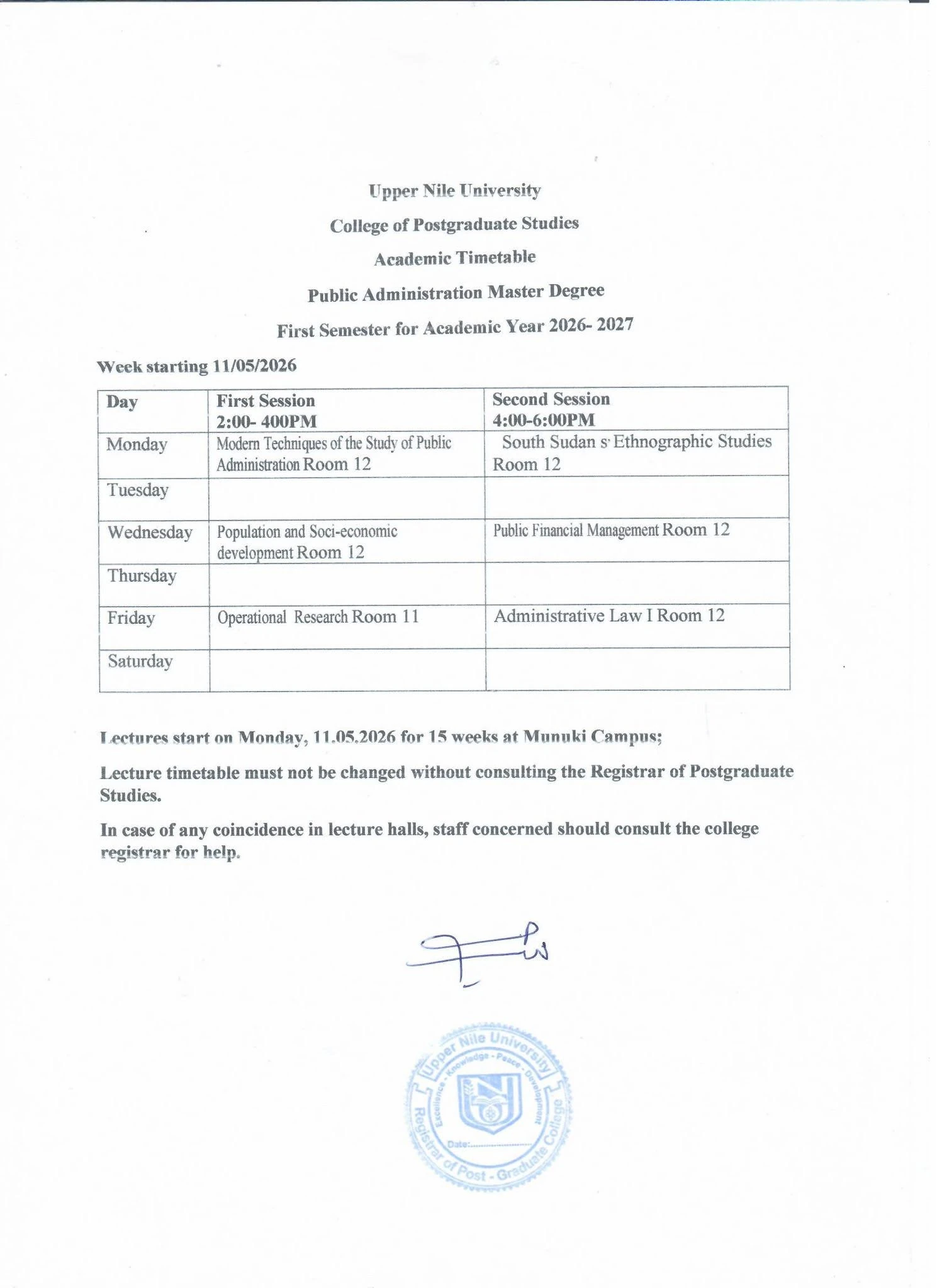 Public Administration master timetable