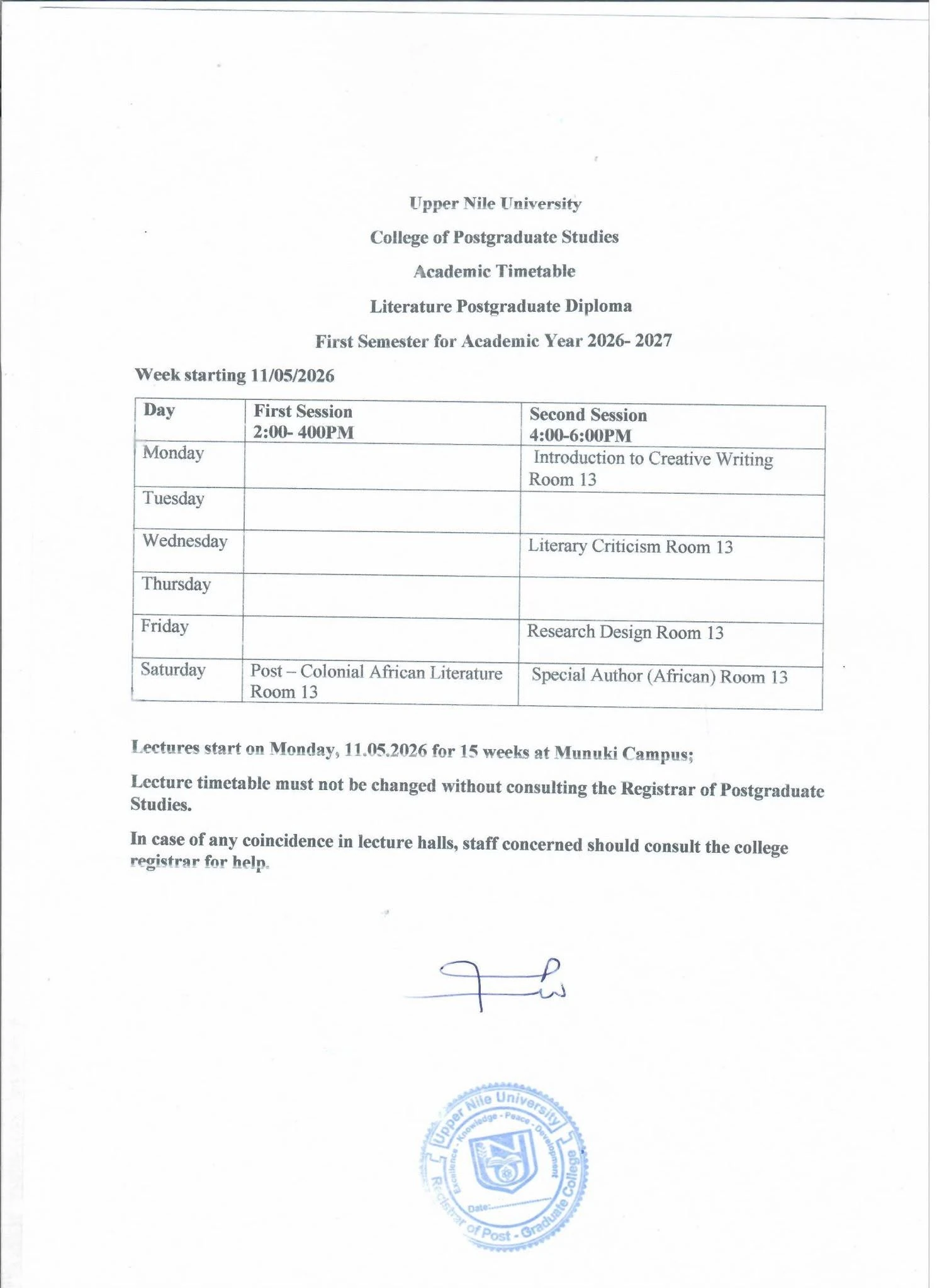 Literature postgraduate diploma timetable