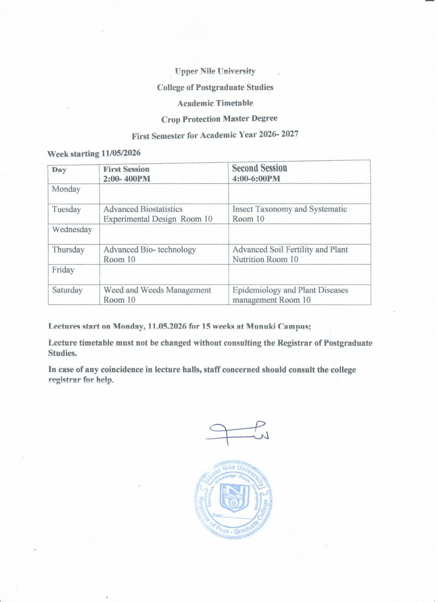 Crop Protection master timetable