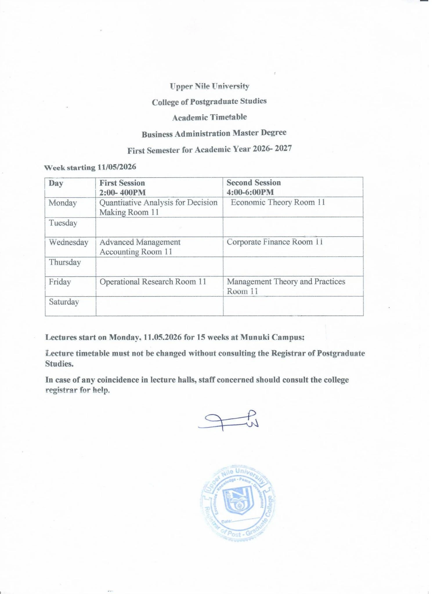 Business Administration master timetable