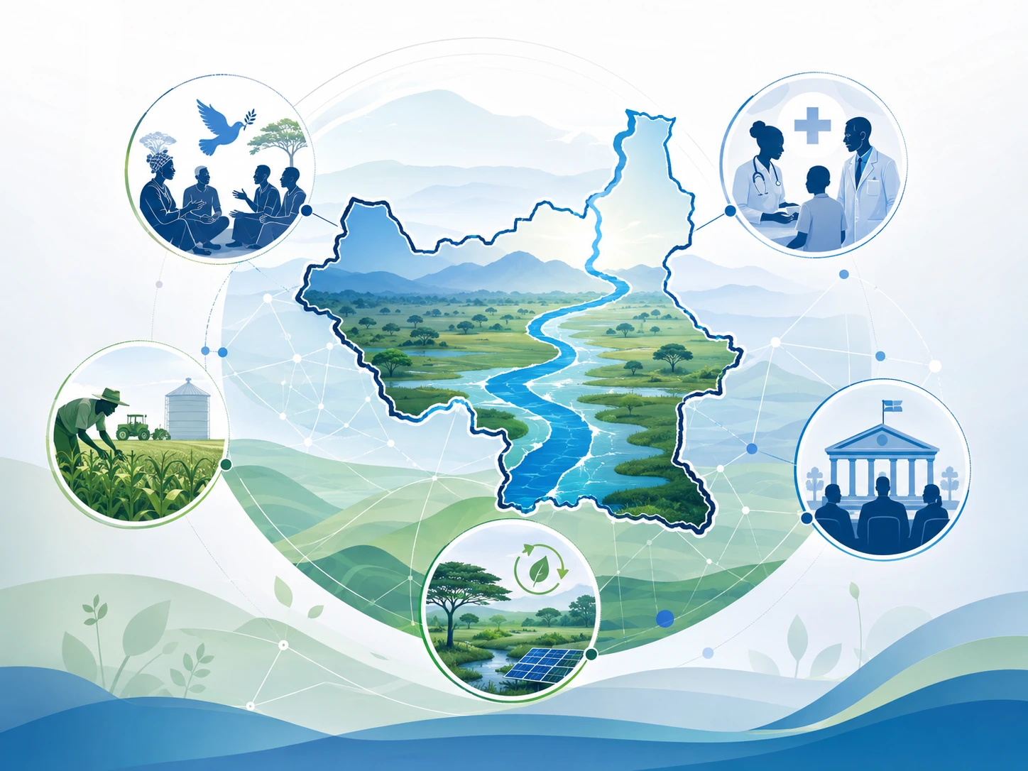 Illustrated map of South Sudan highlighting the Nile River with surrounding landscape forms and research network patterns.