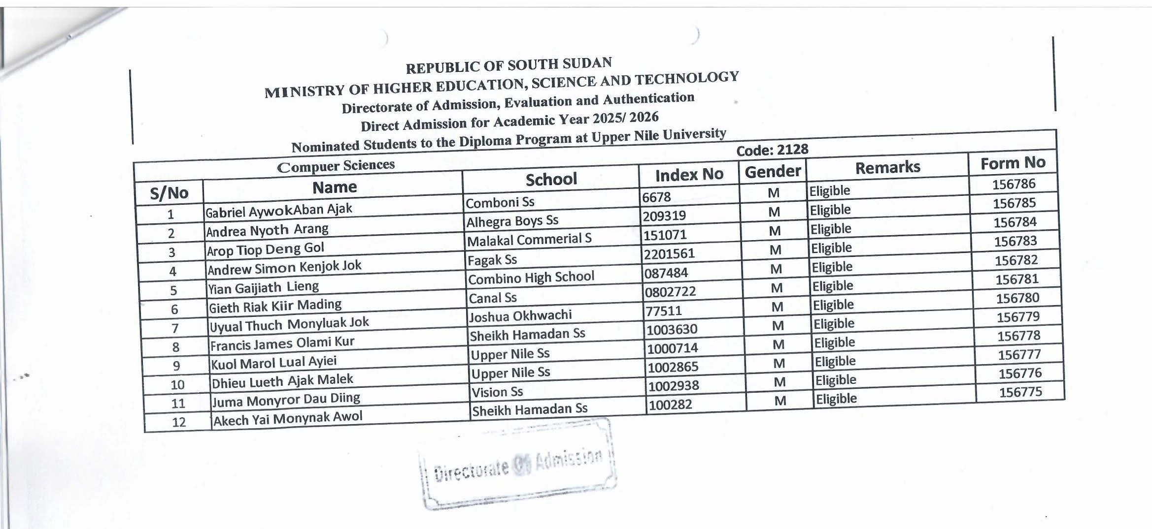 Admission results list for Computer Science