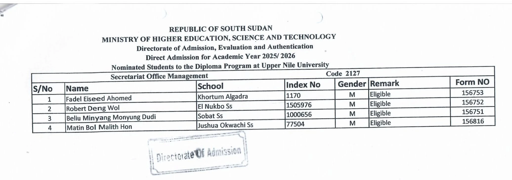 Admission results list for Secretarial Office Management