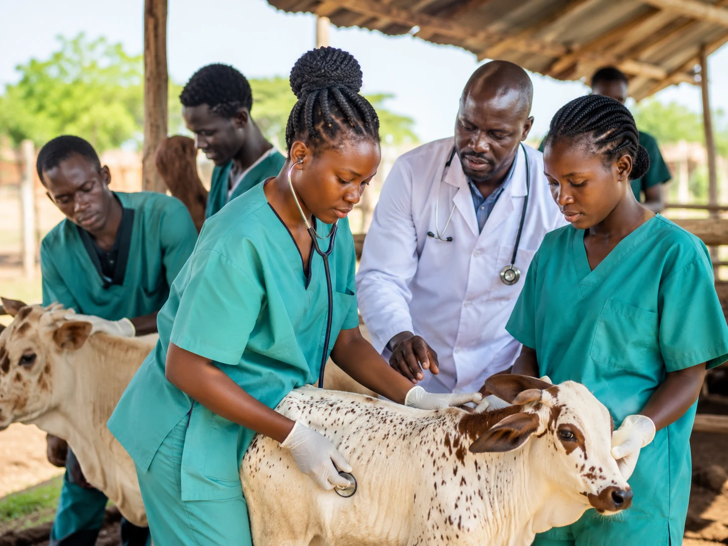 Veterinary students examining cattle during field-based clinical training